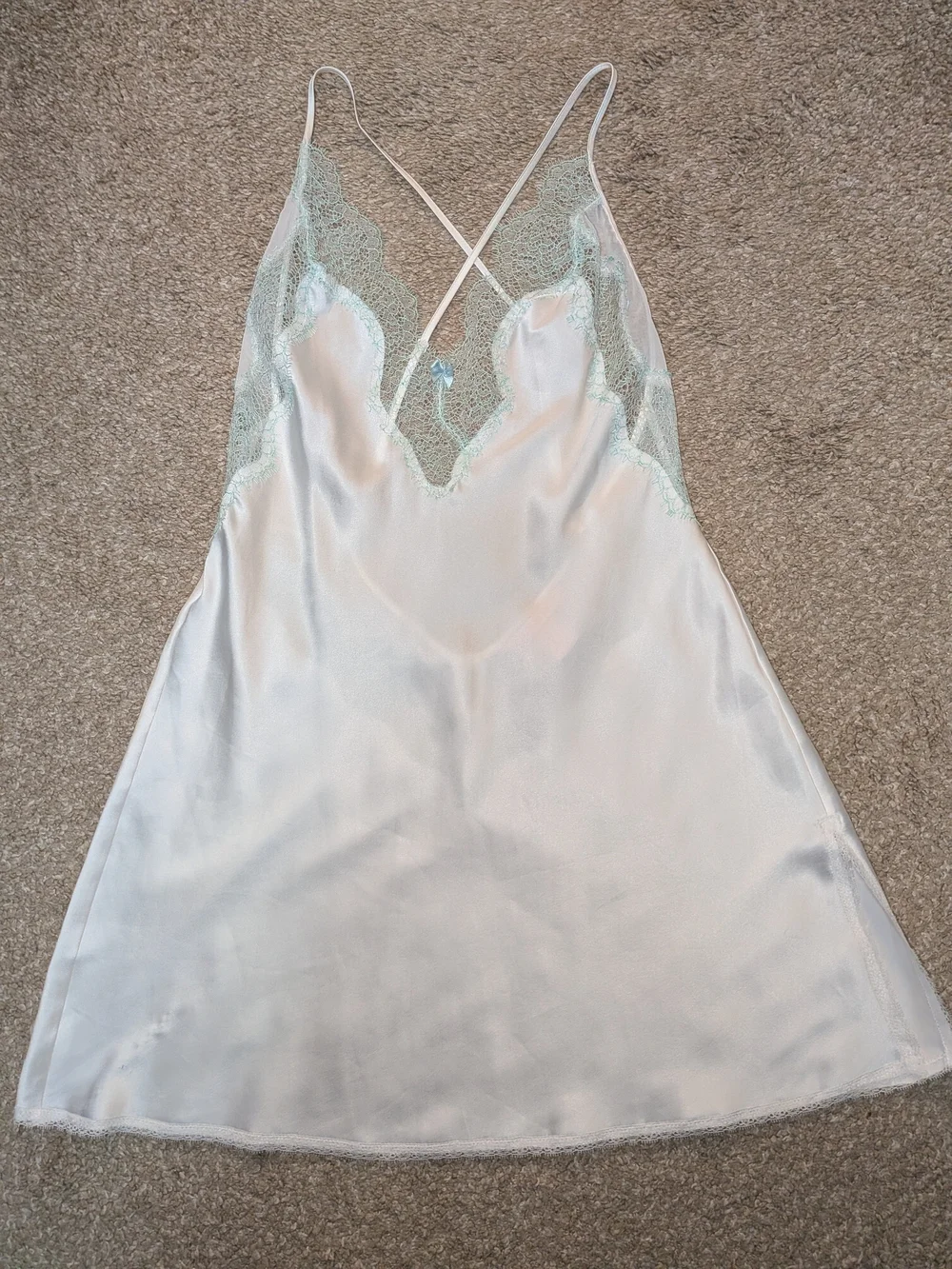 Victoria's Secret White Satin Chemise with Light Mint Lace